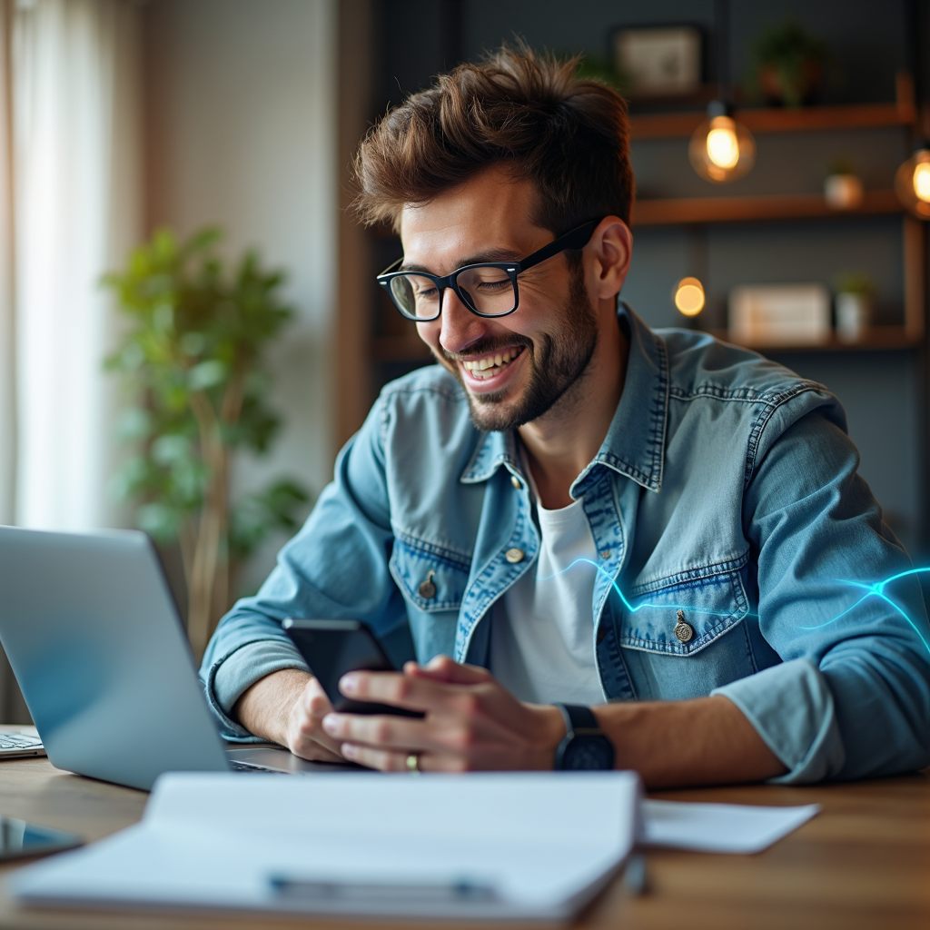 A solo founder taking a call at their desk